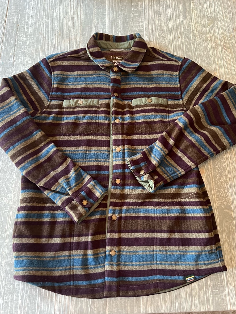 L.L. Bean Men’s Striped Snap-Front Shirt Jacket in Blue, Brown & Green
